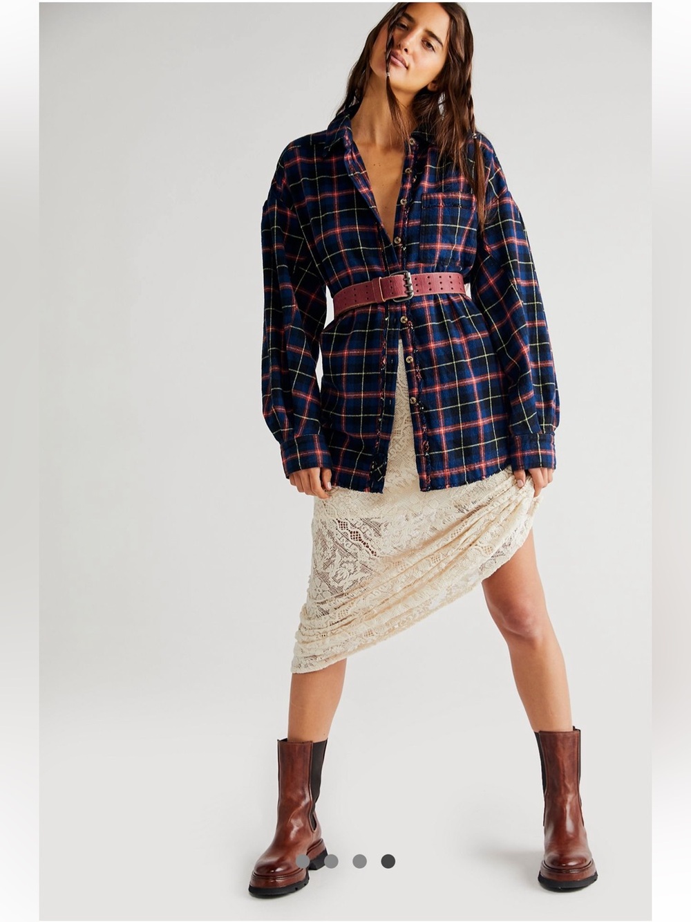 WE THE FREE HAPPY HOUR  NAVY PLAID SHIRT | LARGE